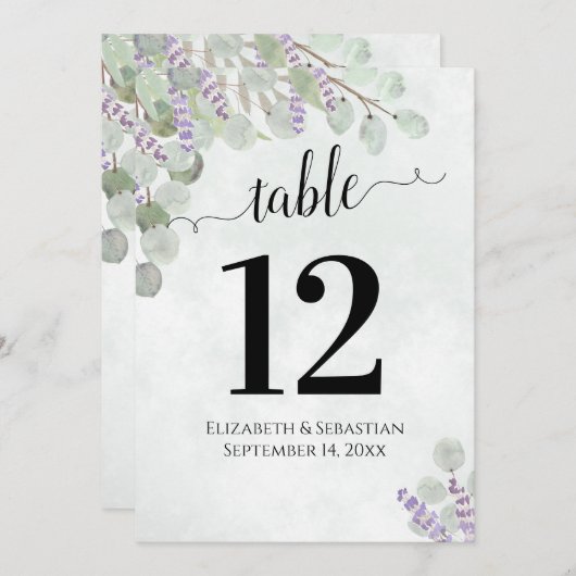 Eucalyptus & Lavender Mariage Numéro de table Gran (Devant / Derrière)