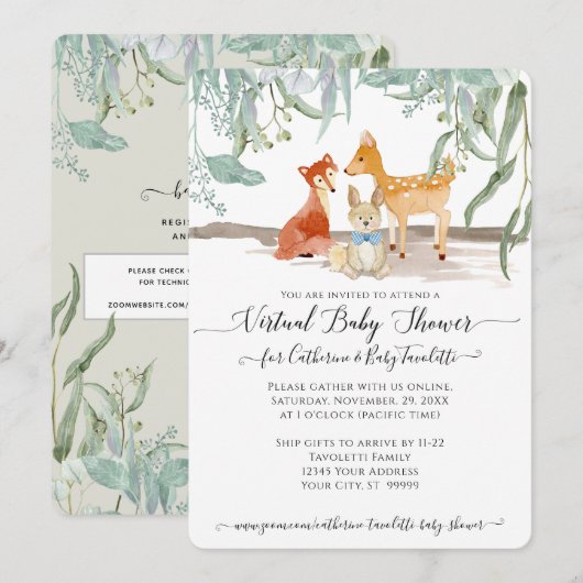 Eucalyptus Leaf Bossen Deer Fox Baby Virtual Showe Kaart (Voorkant / Achterkant)