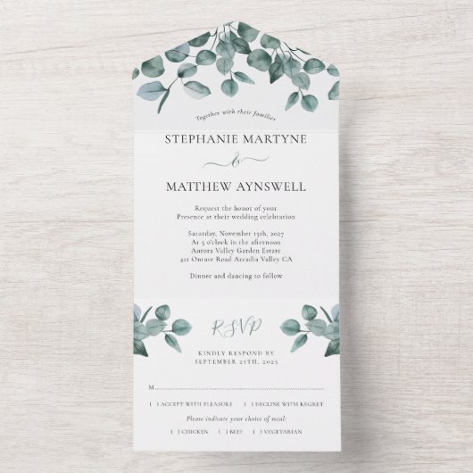 Eucalyptus Leaf Foliage Modern Wedding All In One Uitnodiging (Binnen)