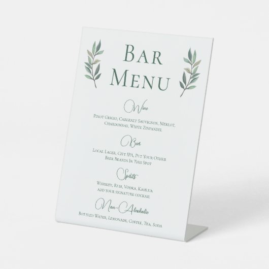 Eucalyptus Leaf Simple Botanical WedBar Menu Reclamebord Met Voetstuk (Voorkant)