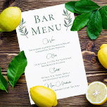 Eucalyptus Leaf Simple Botanique Mariage Bar Menu<br><div class="desc">Un script de calligraphie verte simple et élégant avec deux feuilles d'eucalyptus d'aquarelle de chaque côté en haut autour du titre du menu du bar. Une belle carte minimaliste des boissons d'automne avec votre liste détaillée de vin, bière, spiritueux et boissons non alcoolisées. Décor chic et moderne mariage du soir...</div>