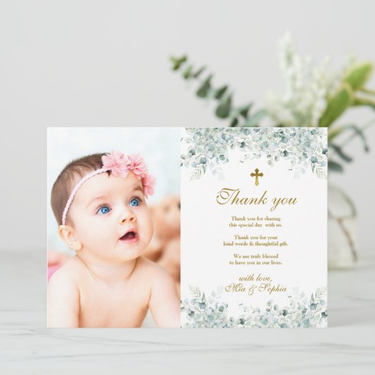 Eucalyptus Leaves & Photo Baptisme Hartelijk dank Kaart (Staand voorkant)