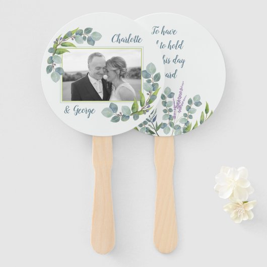 Eucalyptus Leaves Wedding Fan Foto in Gezegde Handwaaier (Voorkant en achterkant)