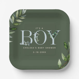 Eucalyptus Lettering Green Blue Boy Baby shower Papieren Bordje