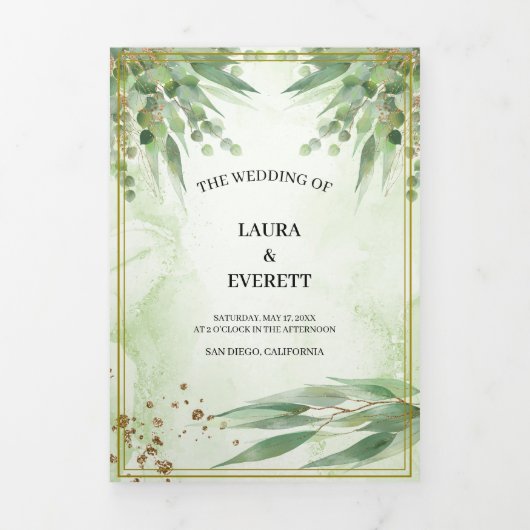 Eucalyptus Lijst Groen Goud Bladgroen Waterverf Drieluik Uitnodiging (Cover)