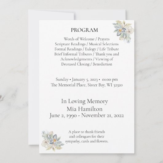 Eucalyptus Lijst Memorial Orde van Service Program Kaart (Achterkant)