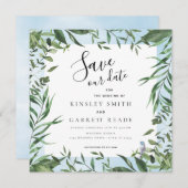 Eucalyptus Lijst Soft Blue Waterverf Weddenschap Save The Date (Voorkant / Achterkant)