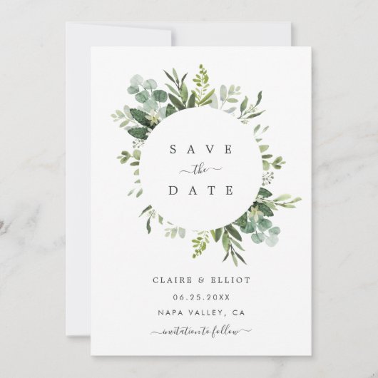 Eucalyptus Loof Cirkel Frame Save the Date Kaart (Voorkant)