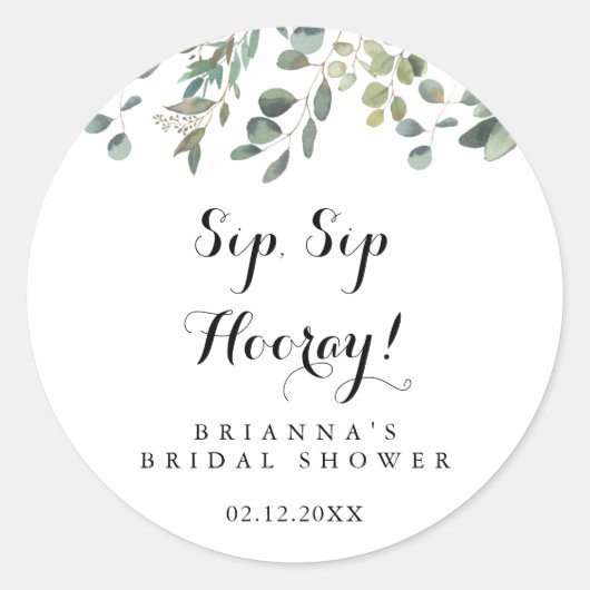 Eucalyptus Loof Sip Sip Hooray Bruiloft Feest Ronde Sticker (Voorkant)