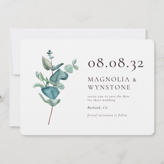 Eucalyptus Luxury Linen Wedding Save The Date (Voorkant)