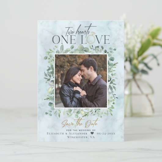 Eucalyptus Marble Photo Weddenschap Save the Date (Staand voorkant)