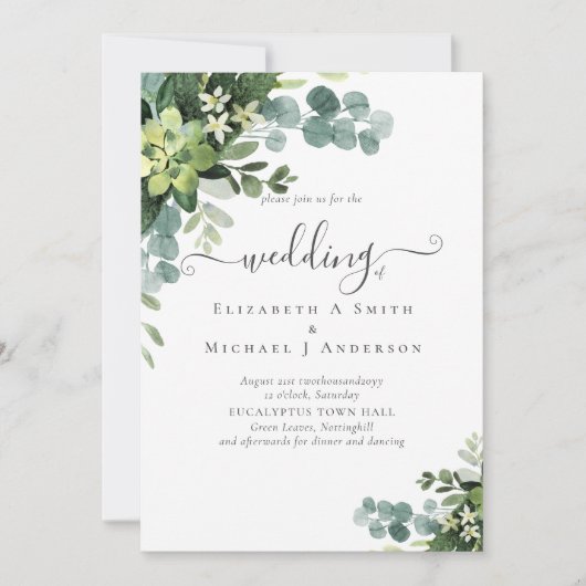 Eucalyptus Mariage Aquarelle verte Invitations (Devant)