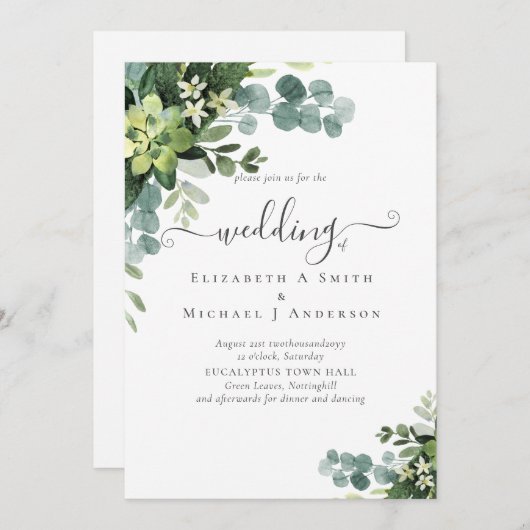 Eucalyptus Mariage Aquarelle verte Invitations (Devant / Derrière)