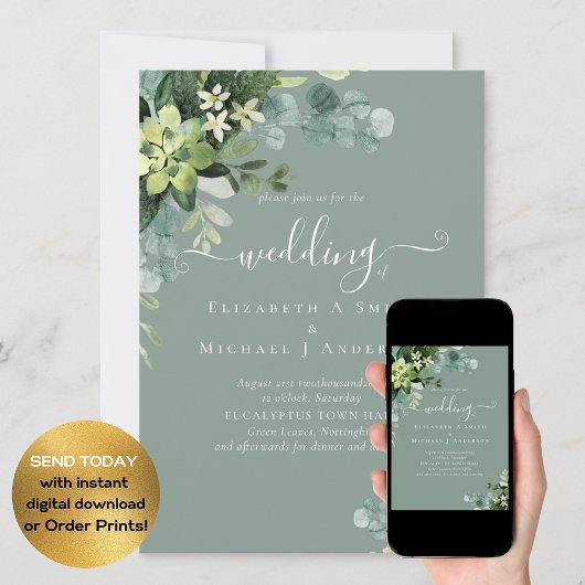 Eucalyptus Mariage Aquarelle verte Invitations