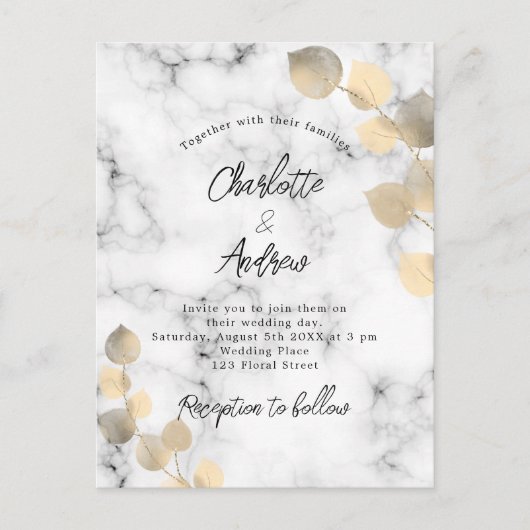 Eucalyptus marmer gouden gouden uitnodiging briefkaart (Voorkant)