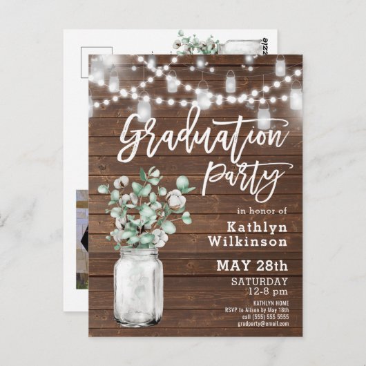 Eucalyptus Mason Jar Photo Afstuderen Invitation Briefkaart (Voorkant / Achterkant)