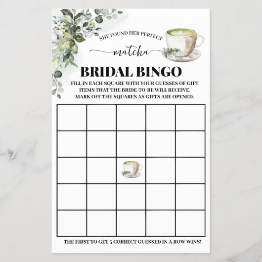 Eucalyptus Matcha Bridal Shower Bingo Game Card Flyer (Voorkant)