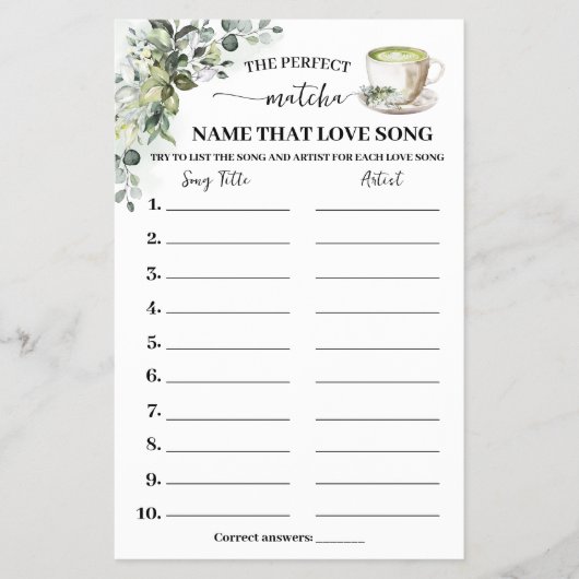 Eucalyptus Matcha Name Love Song Shower Game Card Flyer (Voorkant)