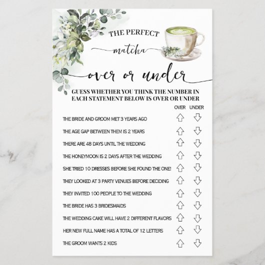 Eucalyptus Matcha Over or Under Shower Game Card Flyer (Voorkant)