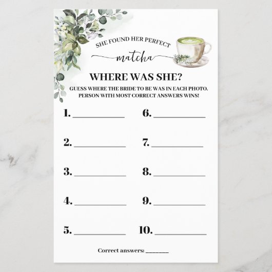Eucalyptus Matcha Where was Bride Shower Game Card Flyer (Voorkant)
