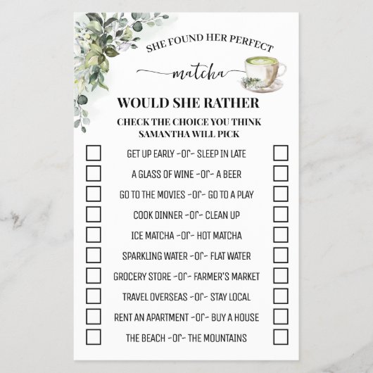 Eucalyptus Matcha Would She Rather Shower Game Flyer (Voorkant)