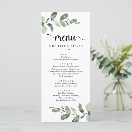 Eucalyptus Modern Rustiek Bruiloft Elopement Diner Menu (Staand voorkant)