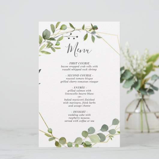 Eucalyptus moderne Aquarelle Mariage Dîner Menu (Debout devant)