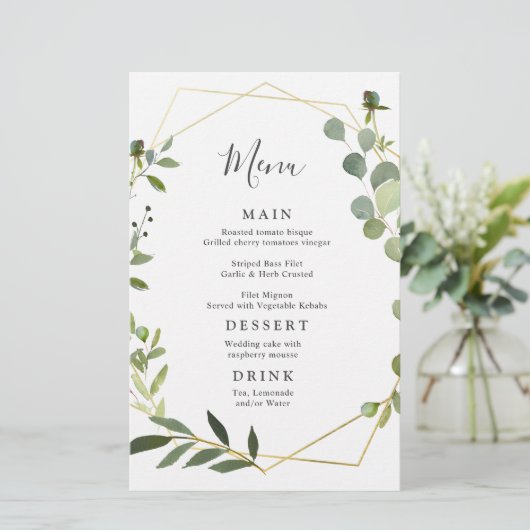 Eucalyptus moderne Aquarelle Mariage Dîner Menu (Debout devant)