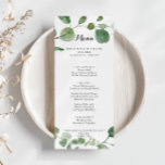 Eucalyptus Moderne Calligraphie Menu Dîner<br><div class="desc">Cette carte de menu de calligraphie moderne eucalyptus est parfaite pour un mariage simple. L'aménagement comprend des branches et des feuilles d'eucalyptus botaniques élégants dessinés à la main dans des aquarelles. Ce menu peut être utilisé pour une réception de mariage, un dîner de répétition, une douche nuptiale ou tout événement....</div>
