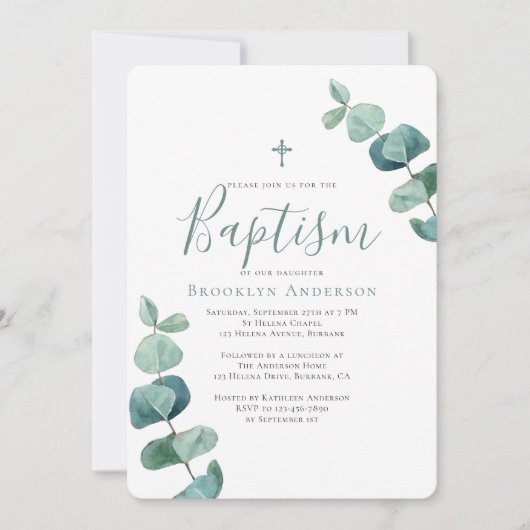 Eucalyptus Moderne Vert Baptême Invitation (Devant)
