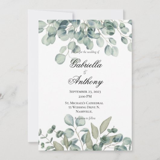 Eucalyptus moderne vert invitation mariage (Devant)