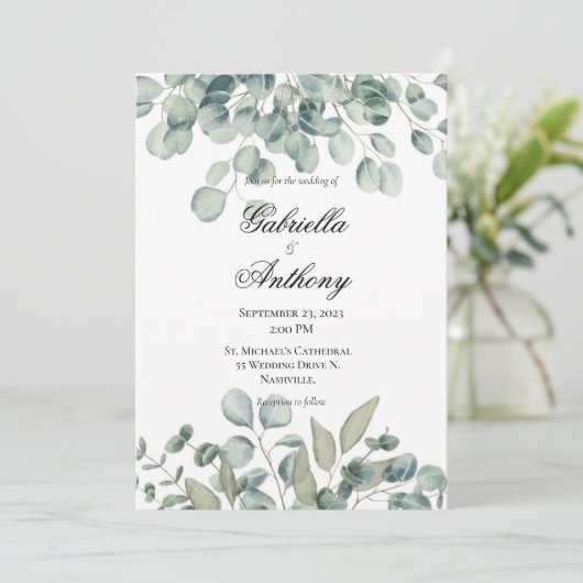 Eucalyptus moderne vert invitation mariage (Debout devant)