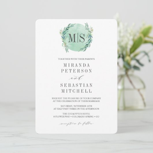 Eucalyptus Monogram Botanical Weddenschap, vers Kaart (Staand voorkant)