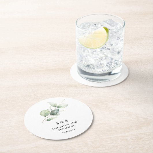 Eucalyptus Monogram Botanisch Monogram Bruiloft Ronde Kartonnen Onderzetter (Insitu)