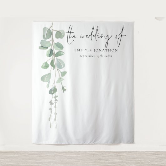 Eucalyptus Namen Datum Trouwfoto Achtergrond Wandkleed (Voorkant)