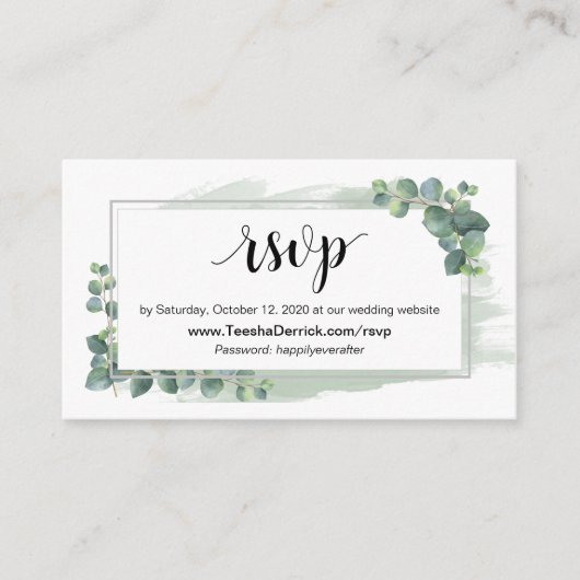 Eucalyptus, online RSVP via bruiloft website Informatiekaartje (Voorkant)