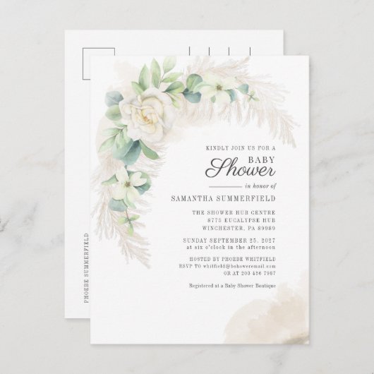 Eucalyptus Pampas Grass Greenery Girl Baby shower Uitnodiging Briefkaart (Voorkant / Achterkant)
