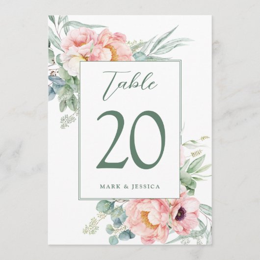 Eucalyptus Peonies Mariage Numéro de table et menu (Devant)