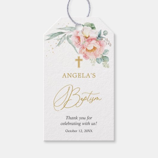 Eucalyptus Peony Baptism & Christening Gift Label Cadeaulabel (Voorkant)