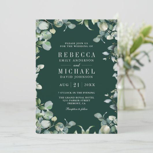 Eucalyptus Photo Collage QR Code Emerald Wedding Kaart (Staand voorkant)