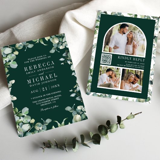 Eucalyptus Photo Collage QR Code Emerald Wedding Kaart