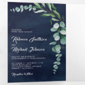 Eucalyptus Photo Collage QR Code Navy Blue Weddens Drieluik Uitnodiging (Binnenzijde eerst)