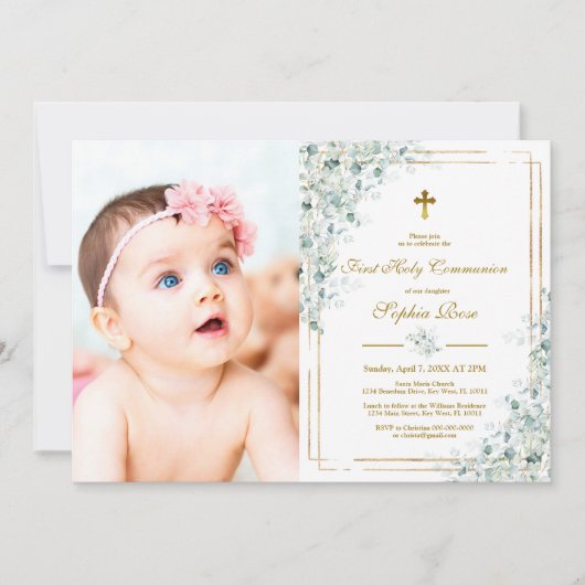 Eucalyptus Photo First Holy Communion Invitation (Devant)
