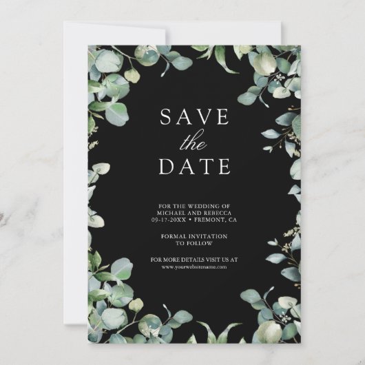 Eucalyptus Photo QR Code Black Wedding Save The Date (Voorkant)