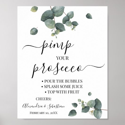 Eucalyptus Pimp your Prosecco Bruiloftsfeest Sign Poster (Voorkant)