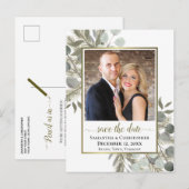Eucalyptus & Pine Bruiloft Bewaar de datum Foto Aankondigingskaart (Voorkant / Achterkant)