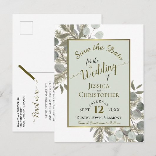 Eucalyptus & Pine Sage Green Wedding Save the Date Aankondigingskaart (Voorkant / Achterkant)