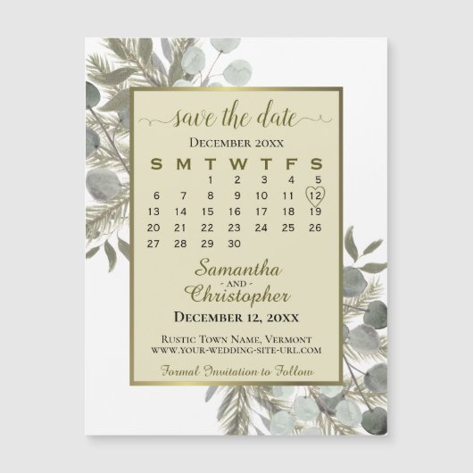Eucalyptus Pine Save the Date Kalender Gouden Magn (Voorkant)