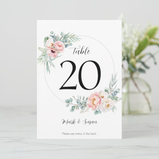 Eucalyptus Pioenrozen Trouwtafel nummer & menu's (Staand voorkant)