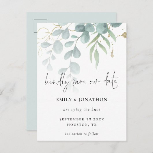 Eucalyptus Powder Blue Gold Script Sla de datum op Uitnodiging Briefkaart (Voorkant / Achterkant)
